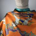 Orange and turquoise blue silk twill square with a rocking horse print 1m10 x 1m