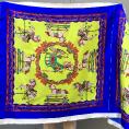 Luminous green and electric blue blue silk twill square with a rocking horse print 1m10 x 1m
