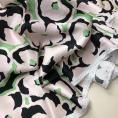 Matcha green satiny viscose fabric coupon with a pale pink and black floral print 1,50m or 3m x 1,40m