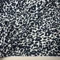 White satin polyester fabric coupon with a navy leopard print pattern 1,50m or 3m x 1,40m