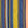 Coupon of striped polyester crepe fabric in pink, yellow, red and white on a blue denim background 3m x 1.40m
