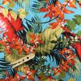 Silk twill satin fabric printed with red flowers on a blue background 1,50m or 3m x 1,40m