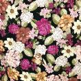 Coupon of viscose, cotton and modal twill fabric with flowery prints in pink shades on black background 1,50m ou 3m x 1,40m