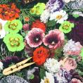Cotton fabric coupon printed with multicolored flowers on black background 1,50m or 3m x 1,40m