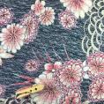 Polyester mesh fabric coupon with pink and white flowers on navy blue background 1,50m or 3m x 1,40m