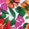 Coupon of mixed polyester jersey fabric with stylized flowery prints on white background 1,50m or 3m x 1,50m