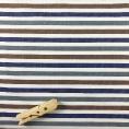 Cotton poplin fabric coupon in blue, brown and grey stripes on white background 2m x 1,40m