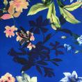 Coupon of polyester voile fabric with multicolored flowery prints on electric blue background 1,50m or 3m x 1,40m