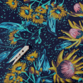 Polyester twill fabric coupon printed with stylized sunflowers on a dark blue background 1,50m or 3m x 1,40m