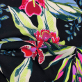 Viscose crepe fabric coupon with flowers and leaves on black background 1,50m or 3m x 1,40m