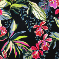 Viscose crepe fabric coupon with flowers and leaves on black background 1,50m or 3m x 1,40m
