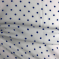 Lightweight polyester fabric coupon with blue polka dots on white background 1.50m or 3m x 1.40m