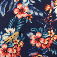 Polyester voile fabric coupon with a multicoloured tropical flower pattern on an indigo blue background 1,50m or 3m x 1,40m