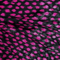 Fabric coupon in polyester satin with fuschia polka dots on a black background 1,50 ou 3m x 1,40m