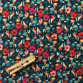 Viscose crepe fabric coupon with floral pattern in shades of turquoise and red 3m or 1m50 x 1.40m