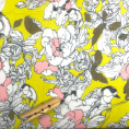 Viscose crinkle muslin fabric coupon with pink and white flowers on yellow acid background 1,50m or 3m x 1,50m