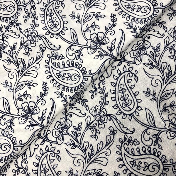 Linen fabric coupon with dark blue pattern on white background 1.50m or 3m x 1.40m