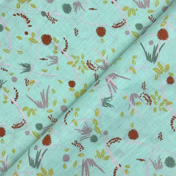 Linen fabric coupon with pink leaves and flowers on green background 3m x 1,40m