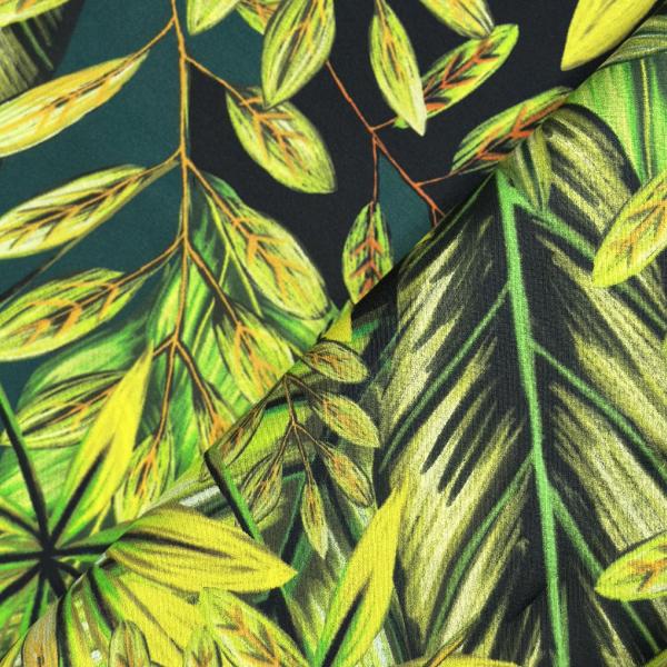 Abstract silk twill fabric coupon in print green leaves 1,50m or 3m x 1,40m