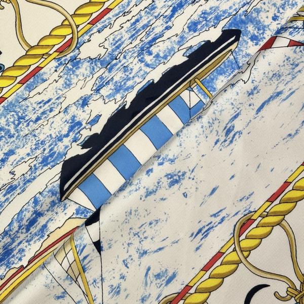 Silk twill square with a sailing boat print on white and blue background 1m10 x 1m