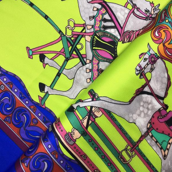 Luminous green and electric blue blue silk twill square with a rocking horse print 1m10 x 1m