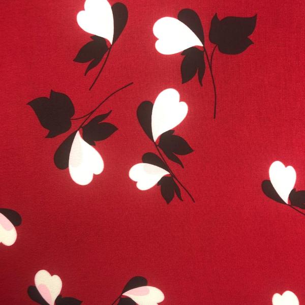 Burgundy red viscose crepe fabric coupon with a loveheart branch pattern 1,50m or 3m x 1,40m