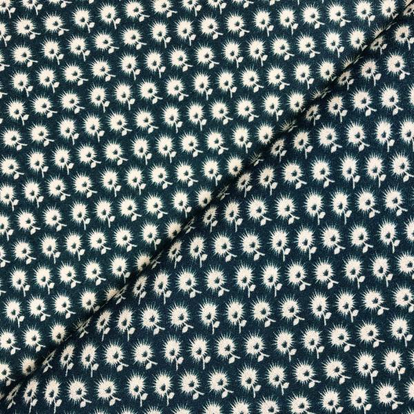 Petrol blue coloured viscose crepe fabric coupon with a delicate beige flower print 1,50m or 3m x 1,40m
