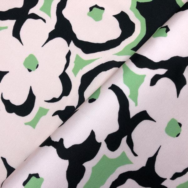 Matcha green satiny viscose fabric coupon with a pale pink and black floral print 1,50m or 3m x 1,40m