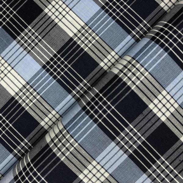 Checked navy, blue and off-white cotton and silk dupion-like fabric coupon 1,50m or 3m x 1,40m