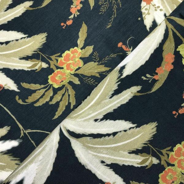 Flower and foliage print silk and viscose twill fabric coupon with dark blue/grey base colour 1.50m ou 3m x 1.40m
