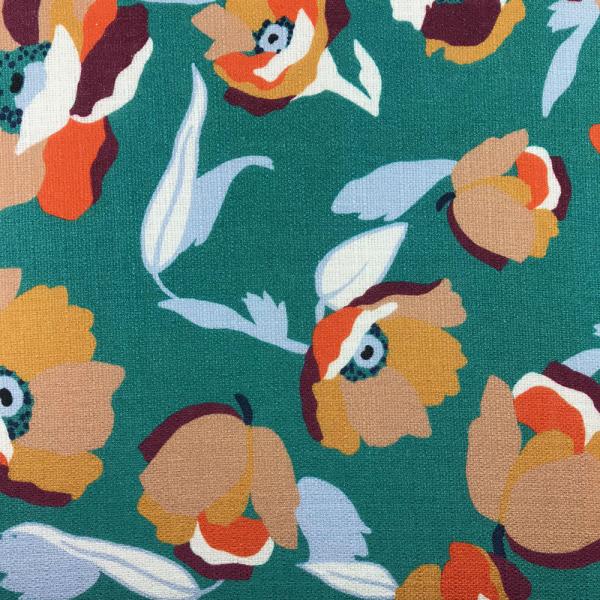 Polyester matted fabric coupon with floral print on emerald green background 1,50m or 3m x 1,40m