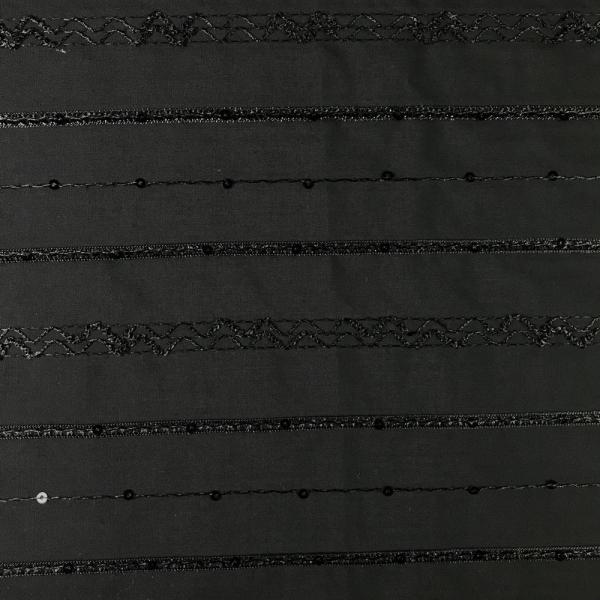 Black cotton voile fabric with stripes and rhinestones 1,50m or 3m x 1,40m