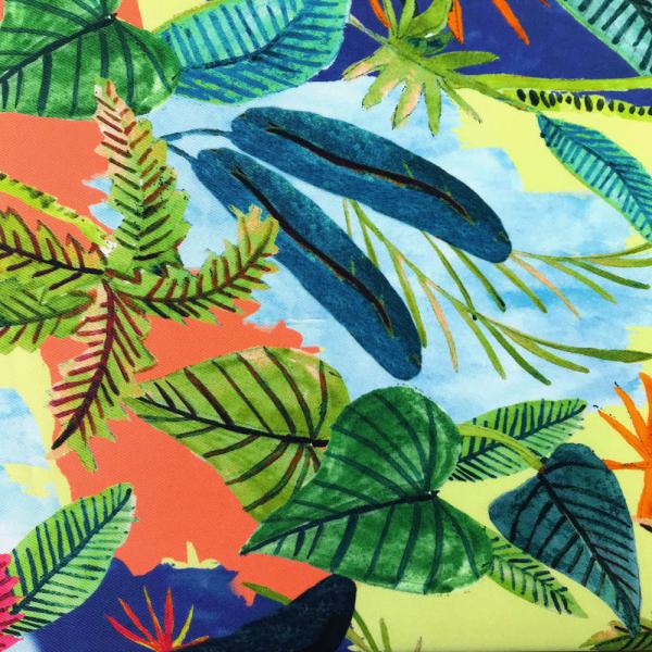 Polyester twill fabric coupon printed with very large exotic stylized leaves on an anise green background 1m50 or 3m x 1,40m