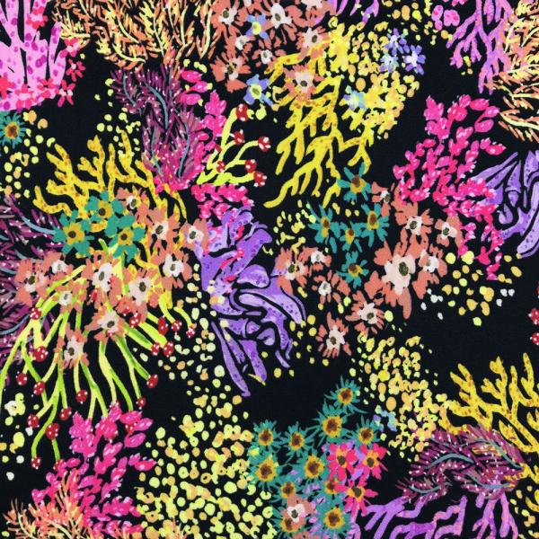 Coupon of polyester crepe fabric with multicolored coral prints on black background 1,50m or 3m x 1,40m