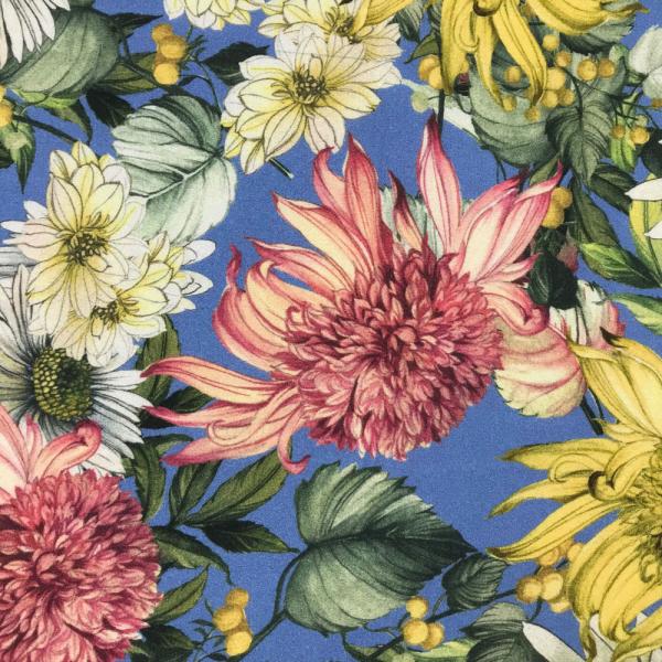 Coupon of viscose voile fabric coupon with floral motifs on a blue background 1.50m or 3m x 1.40m