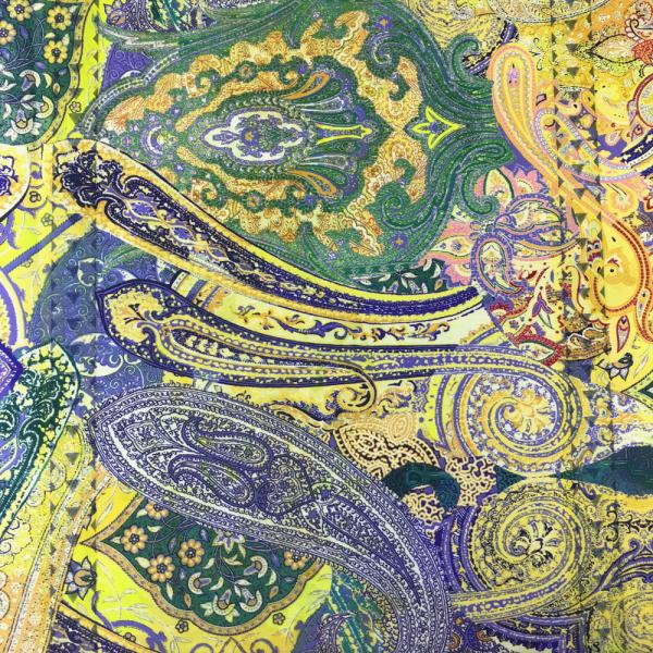 Cotton canvas fabric printed paisley in shades of yellow and green 1.50m or 3m x 1.40m