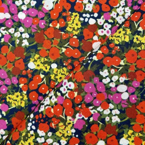 Viscose and linen fabric coupon with red floral prints on navy blue background 3m 1m50 x 1,40m