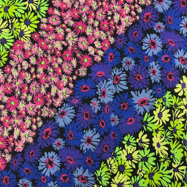 Coupon of viscose and linen canvas fabric with multicolored flowery prints on black background 1,50m ou 3m x 1,40m