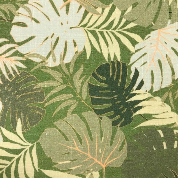 Coupon of linen and viscose canvas fabric with tropical prints on olive green background 1,50m ou 3m x1,40m