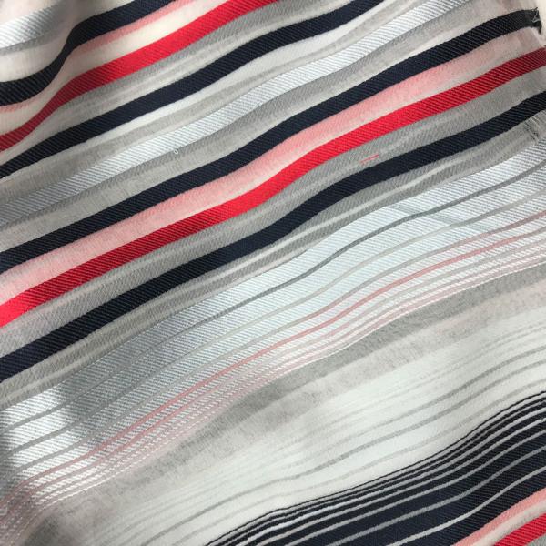 Coupon of navy, grey and red striped silk chiffon fabric on white background 1.50m or 3m x 1.40m