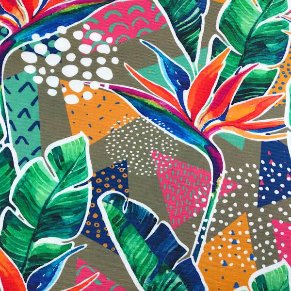 Coupon of deckchair fabric with multicoloured birds of paradise and exotic plant motifs 3.20m x 0.43m