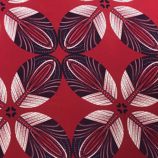 Viscose fabric coupon with graphic flowers on burgundy background 1,50m or 3m x 1,40m