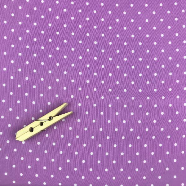 Coupon of satin viscose canvas fabric with white polka dots on purple background 1,50m or 3m x 1,40m