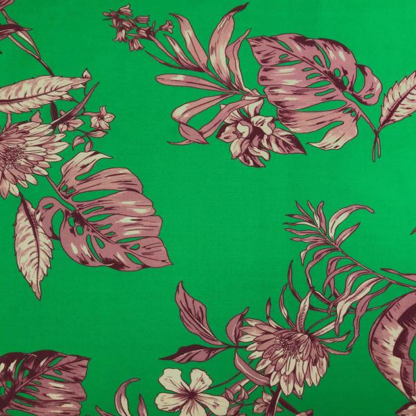 Cotton canvas coupon with pink flowers print on an mint green background 3m x 1,40m