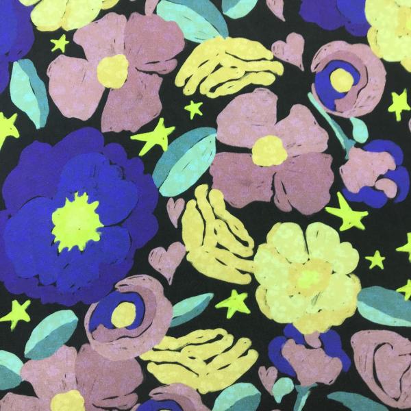 Viscose fabric coupon with floral and stars print on black background 1,50m or 3m x 1,50m