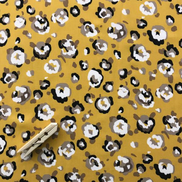 Coupon of viscose voile fabric with abstract patterns on mustard yellow background 1,50m or 3m x 1,40m
