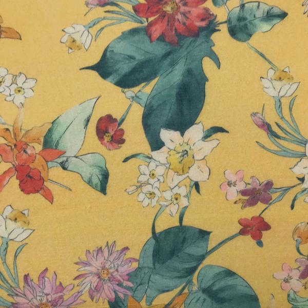 Coupon of cotton voile fabric with flowery prints on yellow background 1,50m or 3m x 1,40m