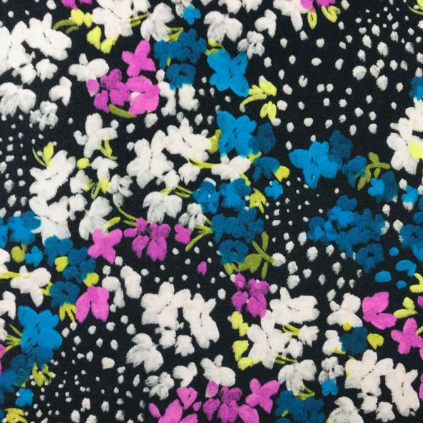 Viscose fabric coupon with small multicolor flowers on black background 1,50m or 3m x 1,40m