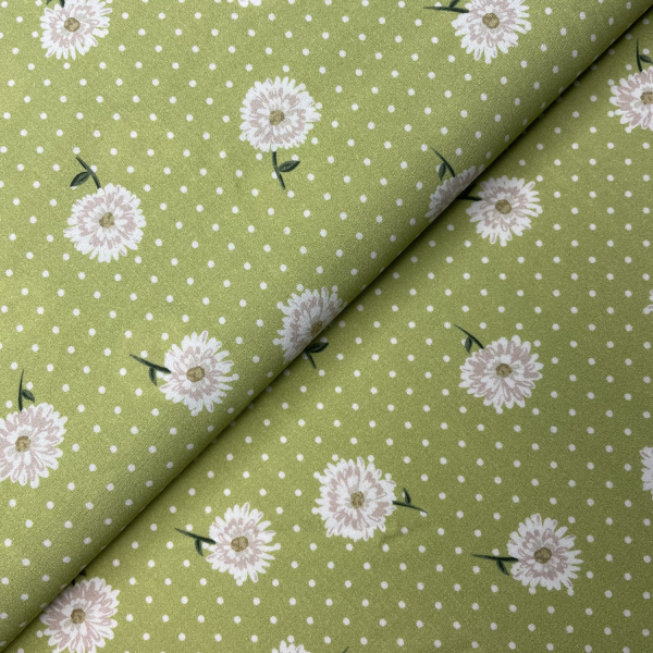 Viscose crepe fabric coupon with a daisy and polka-dot pattern on a lime green background 1,50m or 3m x 1,40m