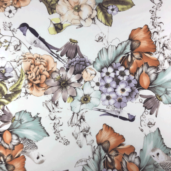 Multicoloured floral polyester fabric coupon on white background 1.50m or 3m x 1.40m
